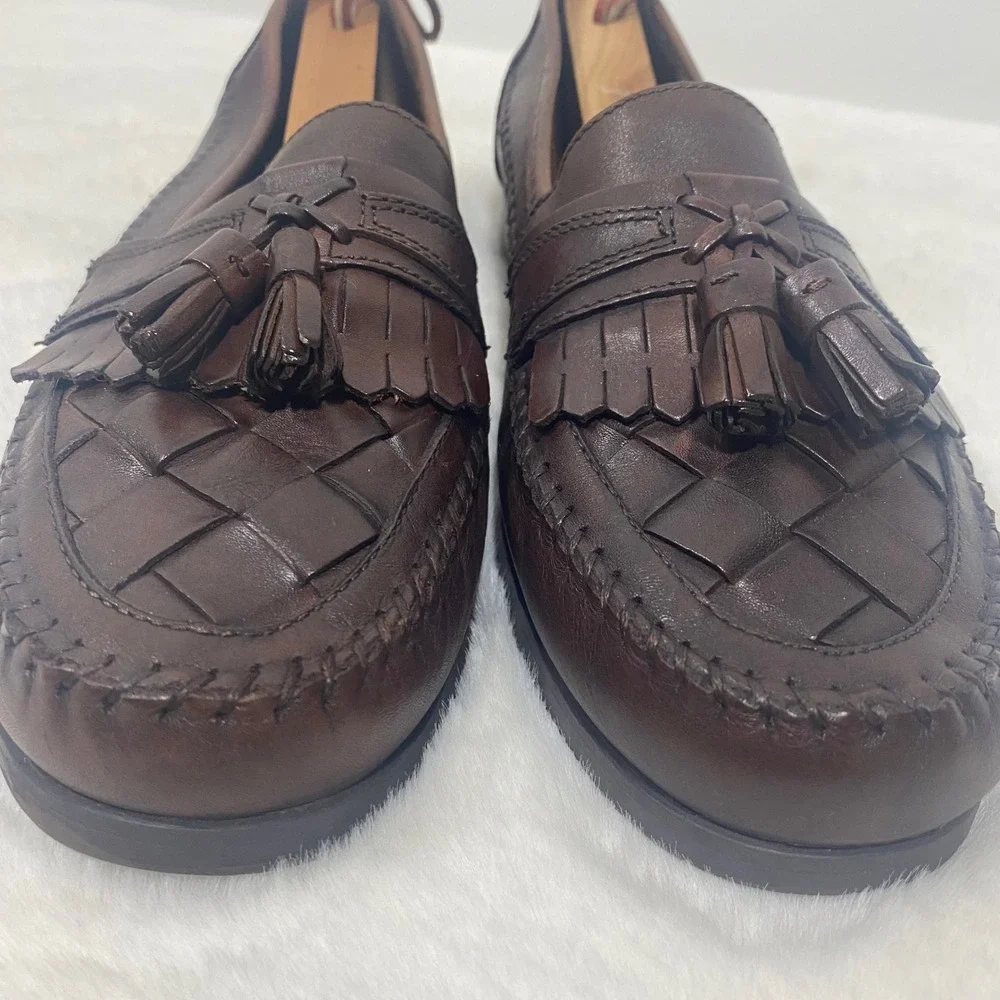 Giorgio‎ Brutini Mens 9.5 Brown Leather Woven Tassel Loafers Dress Shoes Preppy